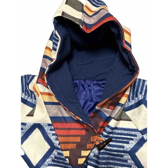 AZTEC PRINT ￼ Womens Hooded Poncho Coat Lined Horn Buttons Closure 3XL Warm - Picture 14 of 15